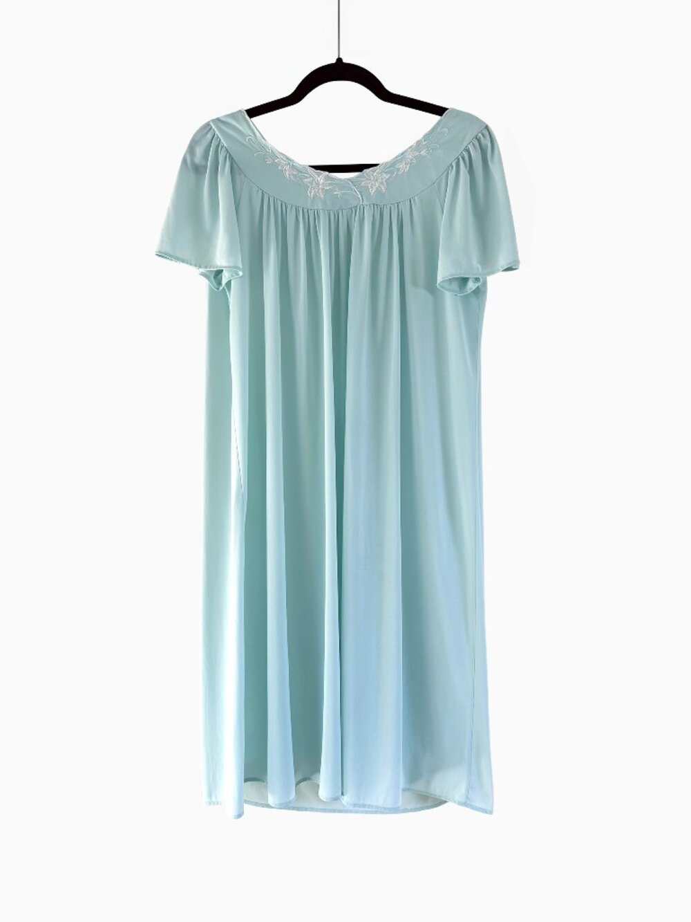 Vtg Miss Elaine Tricot Nightgown S Lt Blue Seafoam Embroidered Lingerie Chemise